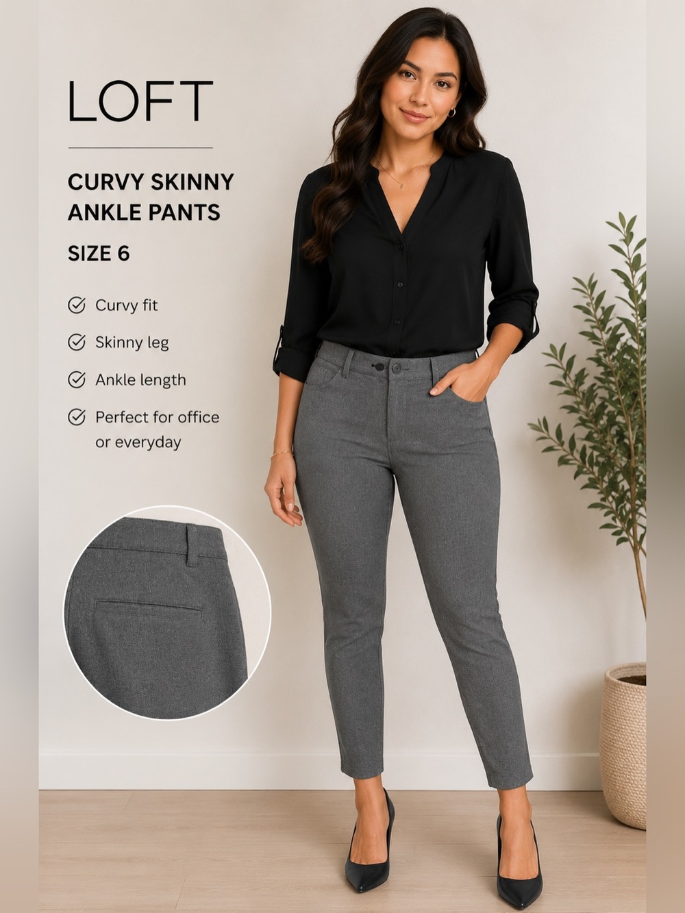 LOFT Curvy Skinny Gray Ankle Pants Size 10 | Career Office Stretch